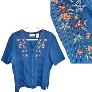 Alfred Dunner Denim Top‎ 16 Large Embroidered Beaded Floral Cottage Western VTG